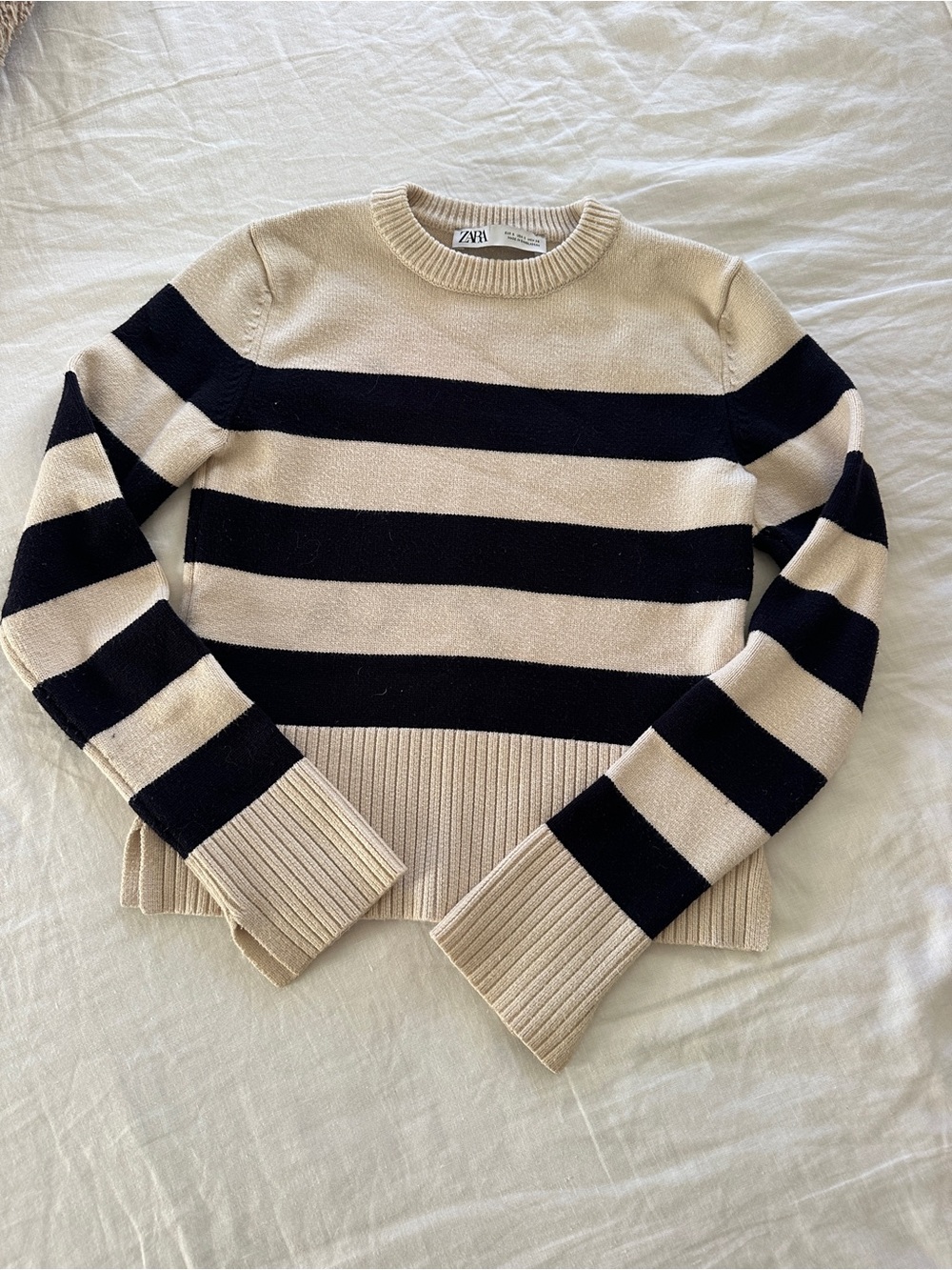 Zara Striped Crewneck Sweater in Beige and Navy